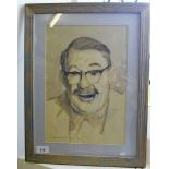 Leonard May - pen and watercolour sketch of the 1960's television personality Gilbert Harding,