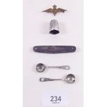A silver thimble, silver fruit knife, salt spoons and an RAF sweetheart brooch