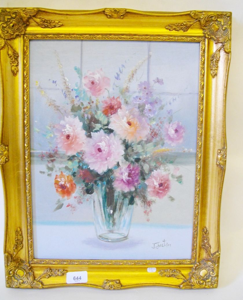 J Justin - oil on canvas, vase of flowers - signed, 40 x 29cm