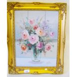 J Justin - oil on canvas, vase of flowers - signed, 40 x 29cm