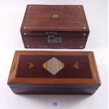 A Victorian rosewood and mother of pearl work box and a parquetry box