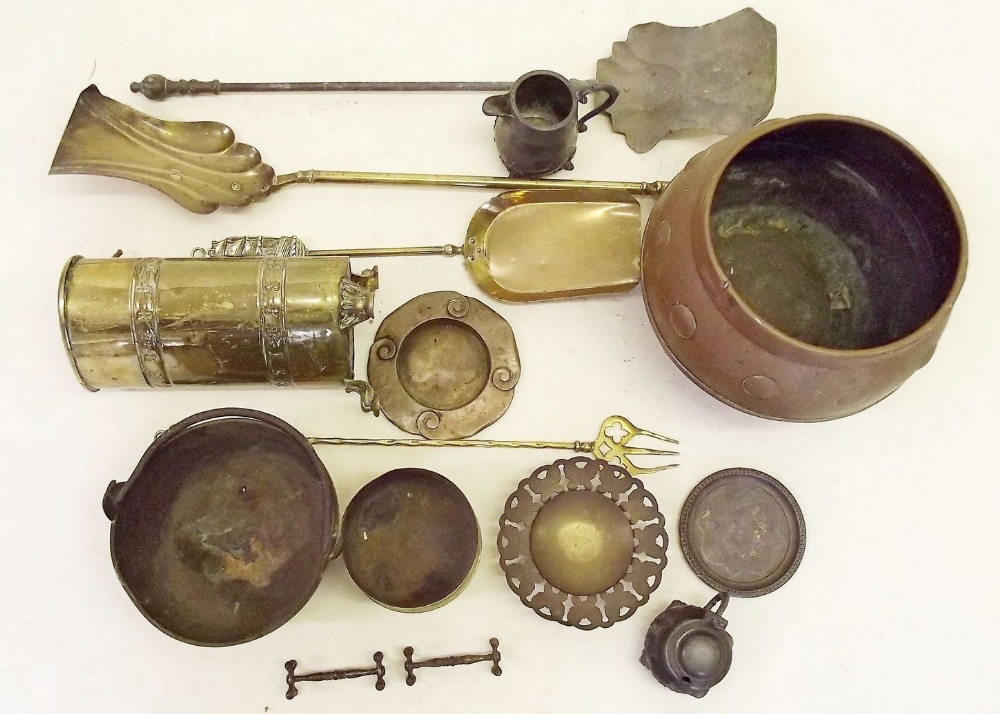 A quantity of brass and copper including copper jardiniere