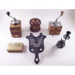 Two old coffee grinders and various collectables