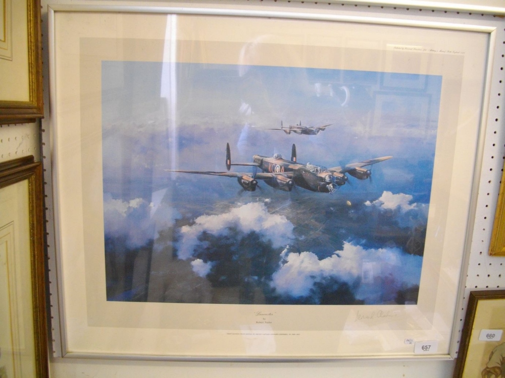 A limited edition print of a Lancaster signed by Leonard Cheshire - 35 x 47cm