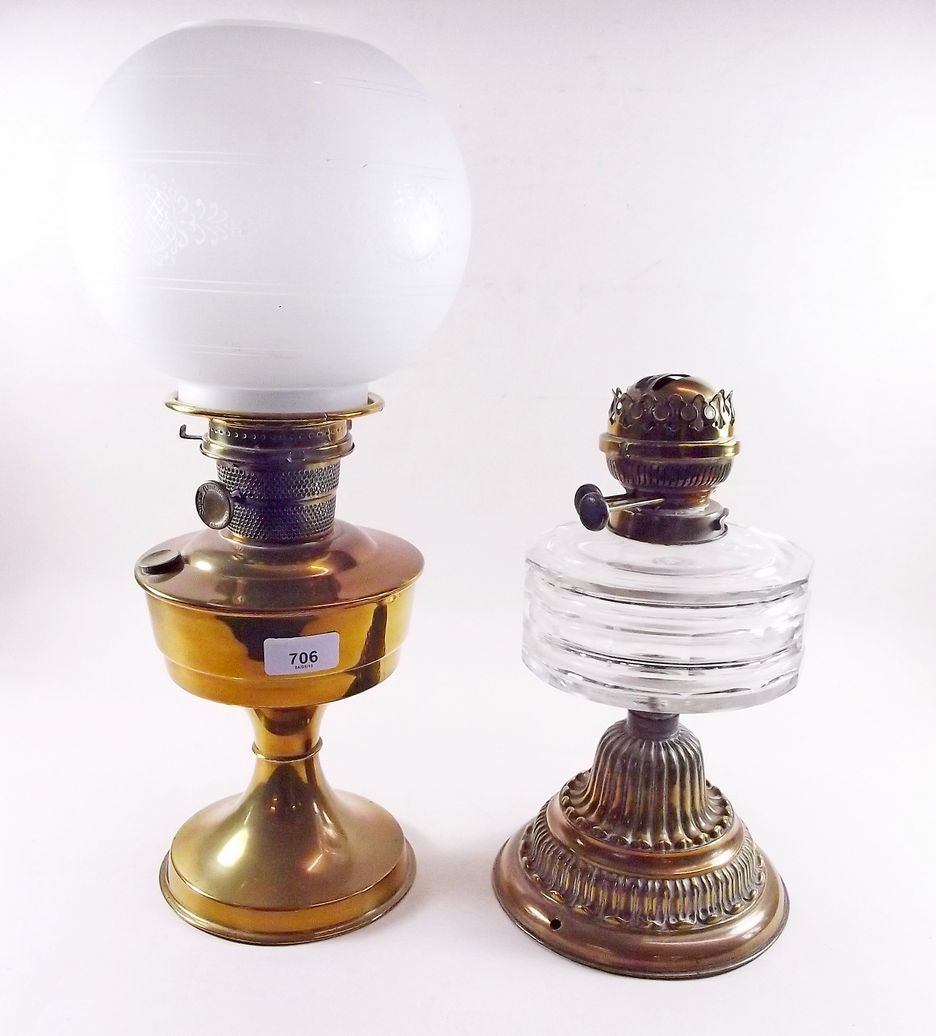 A brass 'Super Aladdin' oil lamp and shade - a/f and a Victorian brass and cut glass oil lamp