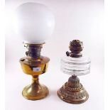 A brass 'Super Aladdin' oil lamp and shade - a/f and a Victorian brass and cut glass oil lamp