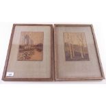 A pair of marquetry pictures woodland scenes - 20 x 14cm