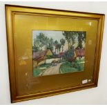 A watercolour French Post Impressionist style provincial scene with women carrying sticks - 24 x