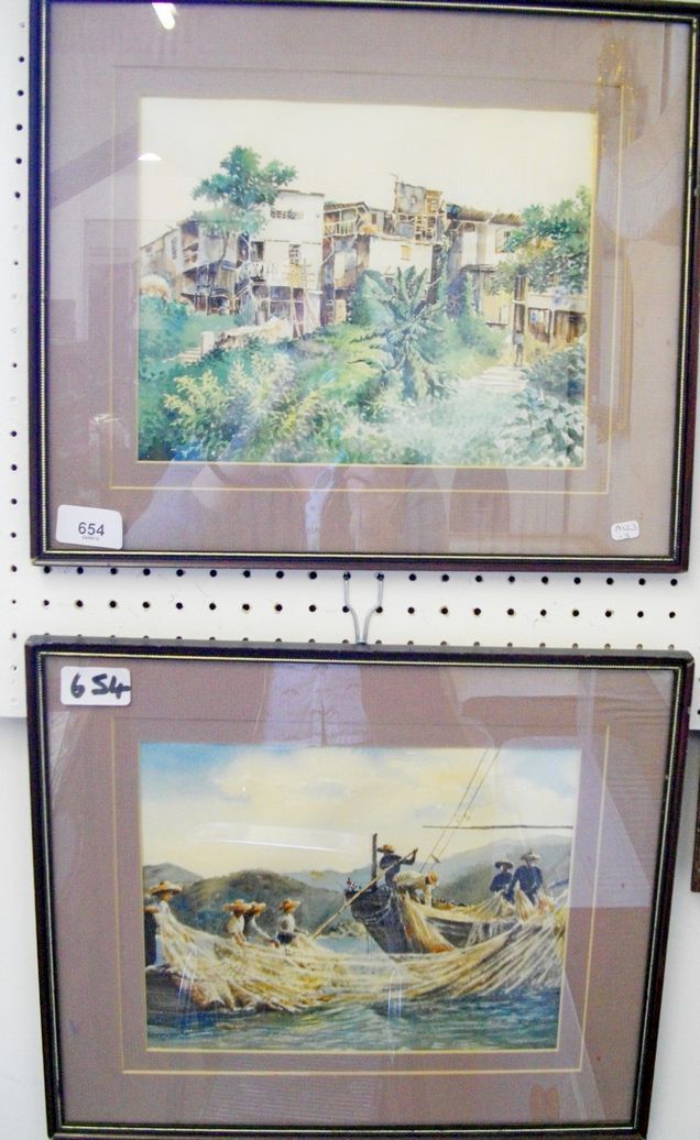 H K Chan - pair of Thai watercolours fishing and village scenes - 19.5 x 24.5cm