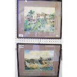 H K Chan - pair of Thai watercolours fishing and village scenes - 19.5 x 24.5cm