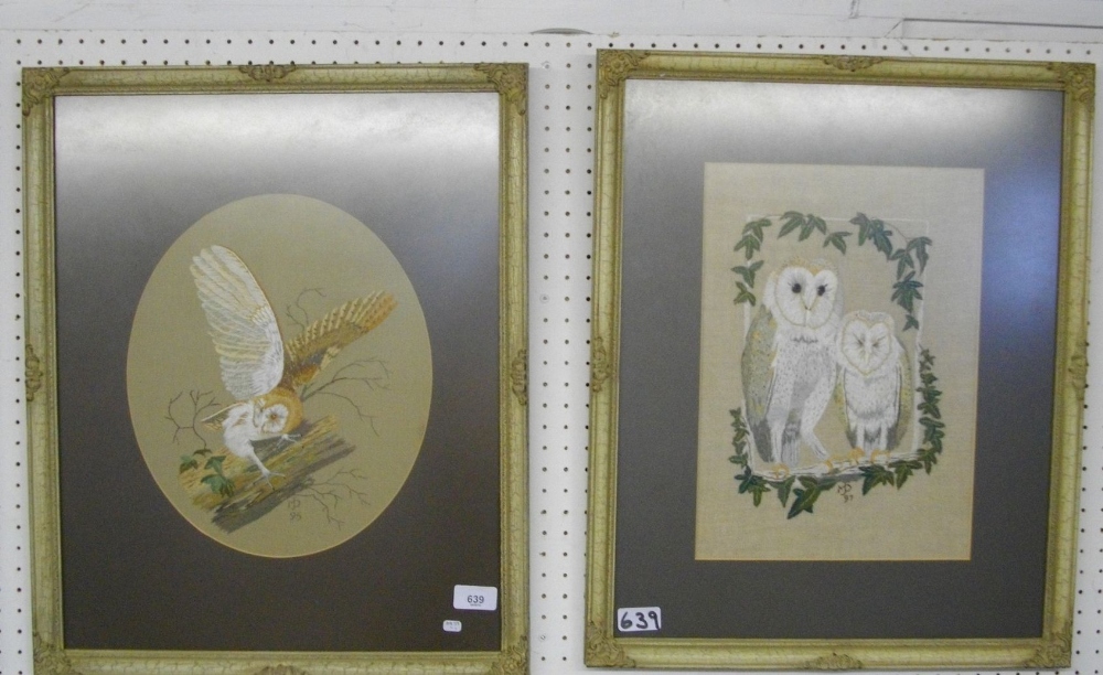A pair of embroidered pictures of owls, framed and glazed - 32 x 37cm oval and 36 x 35cm