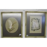 A pair of embroidered pictures of owls, framed and glazed - 32 x 37cm oval and 36 x 35cm