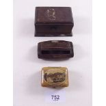 A treen snuff box, mauchline ware box and another box