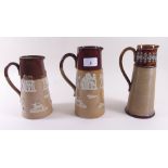 A Doulton Lambeth ribbed stoneware jug - 20cm and two other Doulton jugs decorated hunting motifs