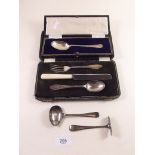 A three piece silver christening set boxed, a  silver christening spoon boxed  and a silver pusher