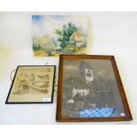 A pen and ink French scene, a pastel continental scene and a 19th century watercolour pastoral scene