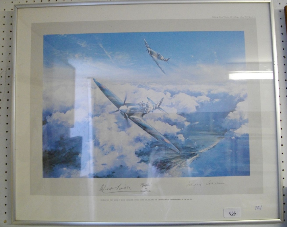 A limited edition print of a spitfire signed Douglas Bader and Johnnie Johnson - 33 x 47cm