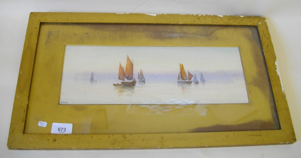 H J Hunt - watercolour coastal scene, yachts - 14 x 38cm