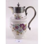 A Victorian pottery and silver plated coffee pot painted flowers