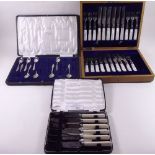 Eight silver teaspoons (in fitted case for twelve) a set of knives and a part fruit set