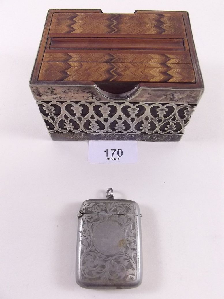 A silver plated and marquetry cigarette dispenser and a silver plated vesta