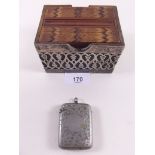 A silver plated and marquetry cigarette dispenser and a silver plated vesta