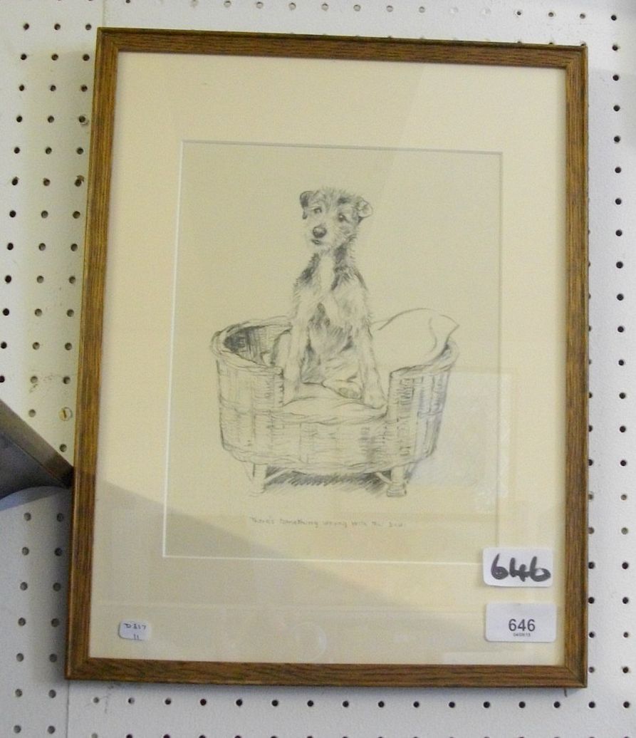 A print of dogs after Maud Earl, 21 x 34cm and a print of a dog in his bed