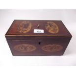 A George III mahogany marquetry tea caddy 24 x 13cm x 12cm, lacking interior