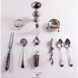 A quantity of silver to include: Georgian silver salt pot (London 1771), sifter spoon (Exeter 1881),