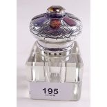 A Victorian Scottish silver and cut glass inkwell, the engraved lid set celtic stones including