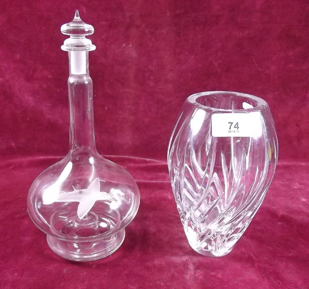 A cut glass vase and a novelty glass decanter with spitfire aeroplane within