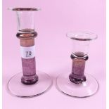 Two Cowdy  Glass candlesticks - 14cm and 10cm