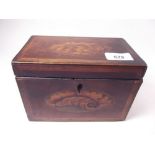 A Georgian mahogany tea caddy with shell marquetry to lid and front 17.5 cm x 10cm x 12cm