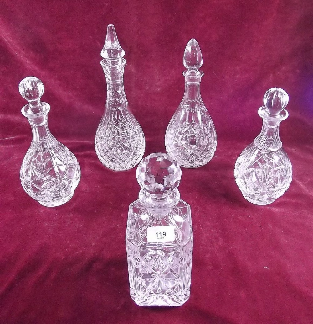 Five various cut glass decanters