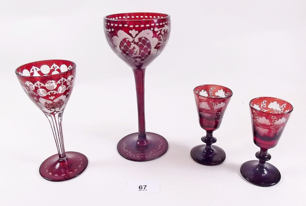 Four Victorian ruby flashed and etched glasses