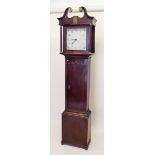 A 18th century oak and mahogany longcase clock with swan neck pediment over square painted dial by