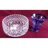 A heavy cut glass fruit bowl and a blue flashed Walsh cut glass vase