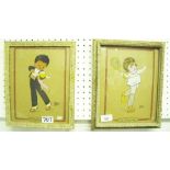 A pair of French early 20th century gouache pictures of children - 24 x 19cm