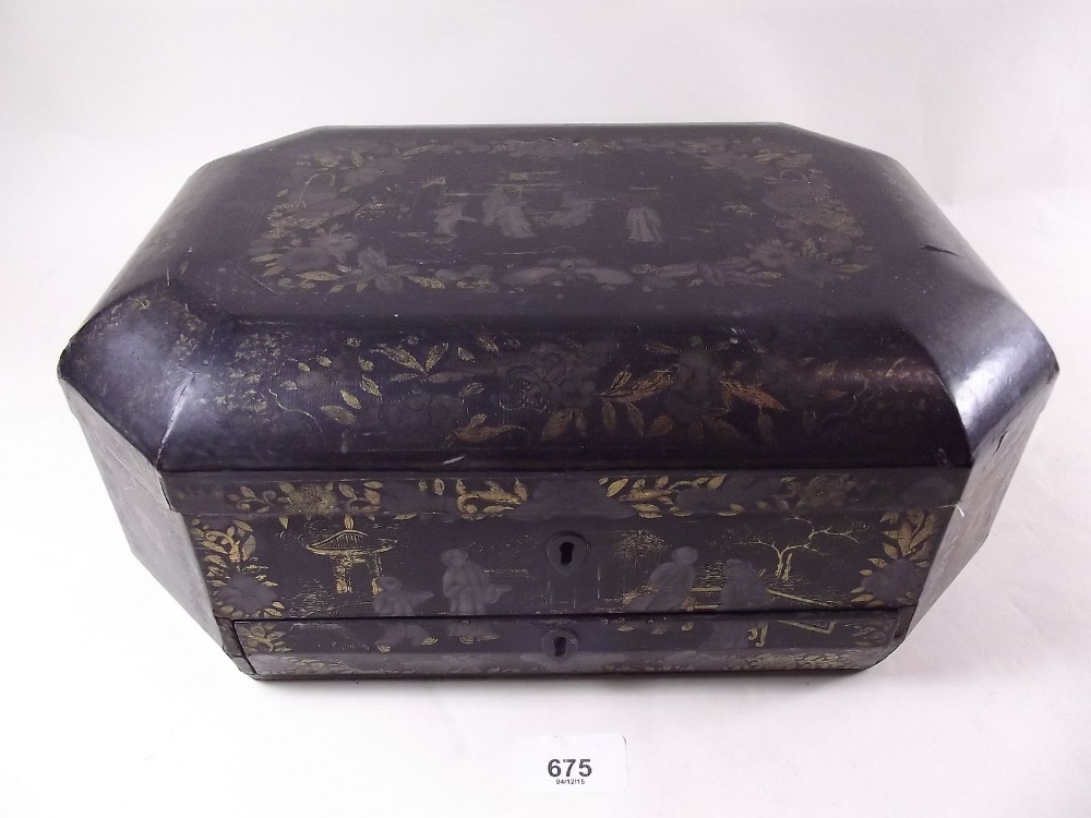 A 19th century Chinese lacquer work box with fitted interior to lower drawer and gilt painted