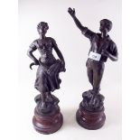 A pair of spelter figures titled 'Gai Faucheus' and 'La Premiere Gerbe', 40cm