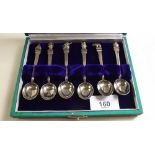 A set of six Indian sterling silver coffee spoons, boxed with figure terminals