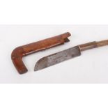 Victorian walking stick with hatchet blade, later brass mounted hazel shaft, 8 ins hatchet blade
