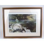 Framed and glazed coloured Fishing print: First Cast, signed Ltd Ed. 55/850 by Alan Hayman, 24 x
