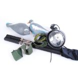 Two full body pigeon decoys, lamping light, Deer Hunter rifle rest, ammo belt
