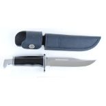 Sheath knife with 6 ins clip point bowie blade stamped Buck 119 USA, steel mounts, black grips,