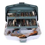 Shakespeare plastic fishing box with large quantity of cleaning brushes, jags, mops, etc.