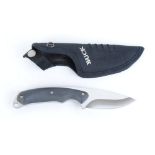 Sheath knife with 3,1/2 ins single edged blade stamped Buck 694 USA, hard rubber grips, nylon