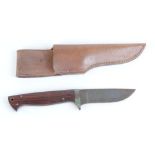 Sheath knife with 4 ins single edged damascus blade, brass mounts, Rosewood grips, leather sheath