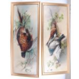 A pair of Victorian oil on canvas paintings: Hanging Game Cock Pheasant and Pigeon, each 15 x 38