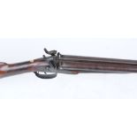 12 bore Percussion double sporting gun by H Hart, 29 ins damascus half stocked barrels, rib (a/f)